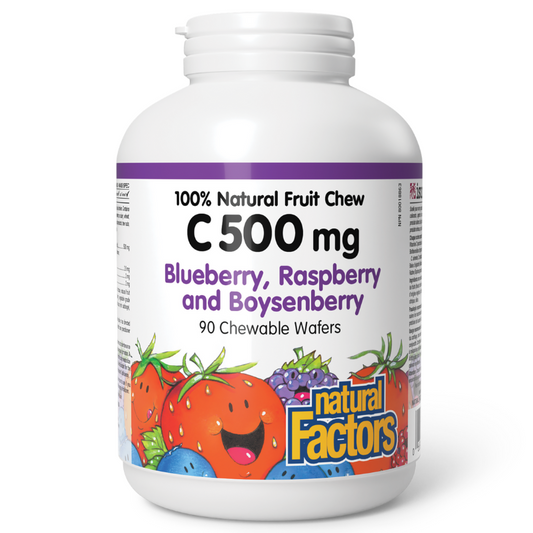 Natural Factors C 500 mg 100% Natural Fruit Chew Blueberry, Raspberry & Boysenberry 90 Chewable Wafers