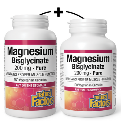 Natural Factors Magnesium Bisglycinate Pure 200mg 250 + 120 Caps Shrink