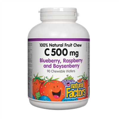 Natural Factors C 500 mg 100% Natural Fruit Chew Blueberry, Raspberry & Boysenberry 90 Chewable Wafers